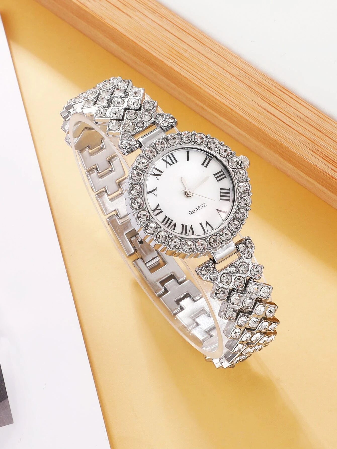 1pc Rhinestone Decor Quartz Watch & 1pc Bracelet Shein