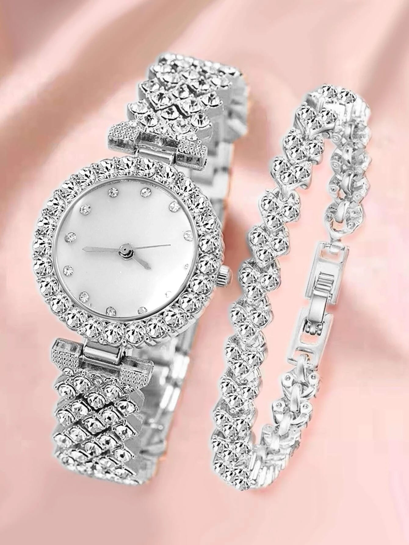 1pc Rhinestone Decor Quartz Watch & 1pc Bracelet Shein