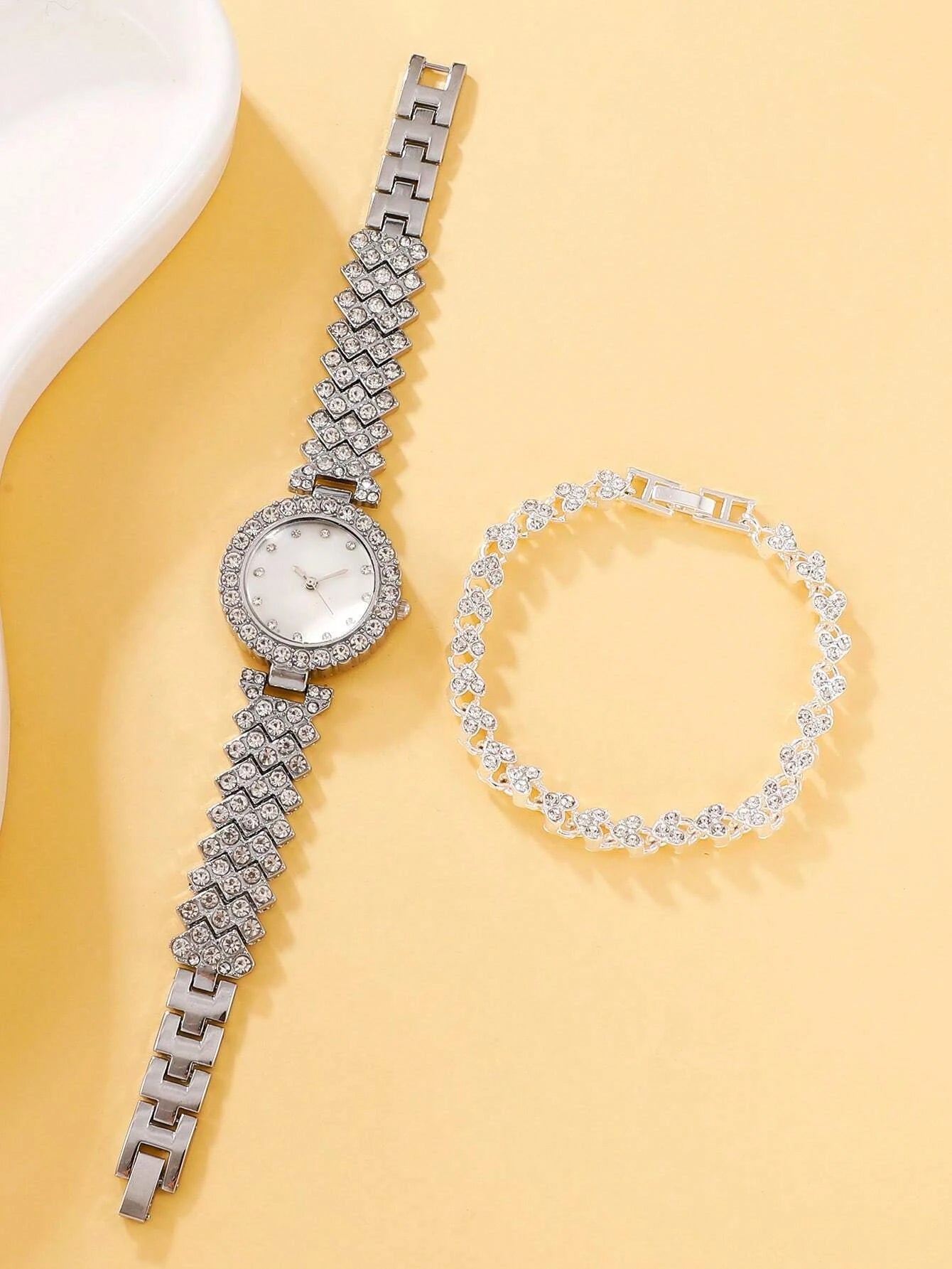 1pc Rhinestone Decor Quartz Watch & 1pc Bracelet Shein