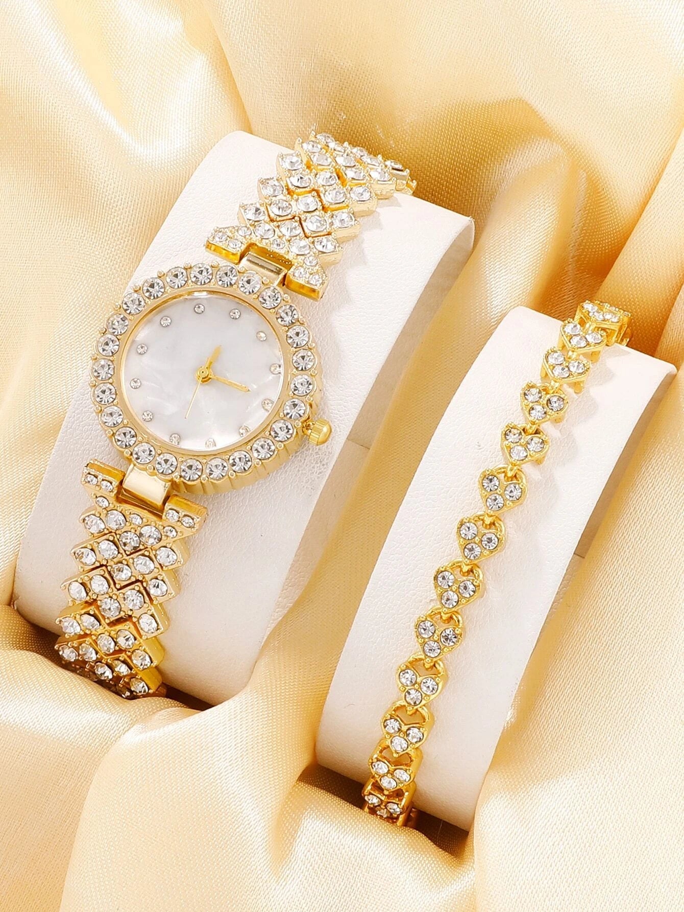 1pc Rhinestone Decor Quartz Watch & 1pc Bracelet Shein