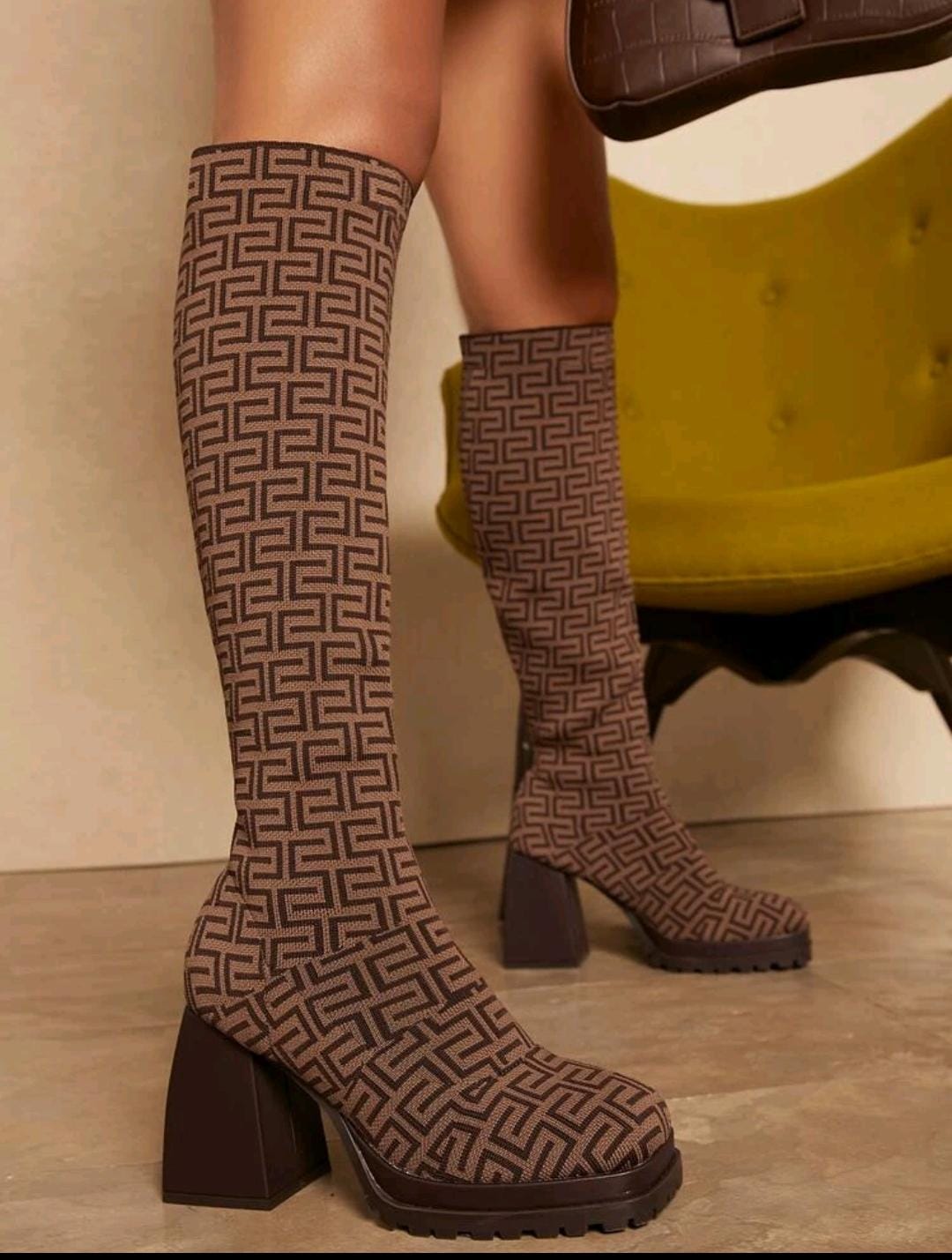 Print Pattern Knee High Chunky Heel Boots Shein