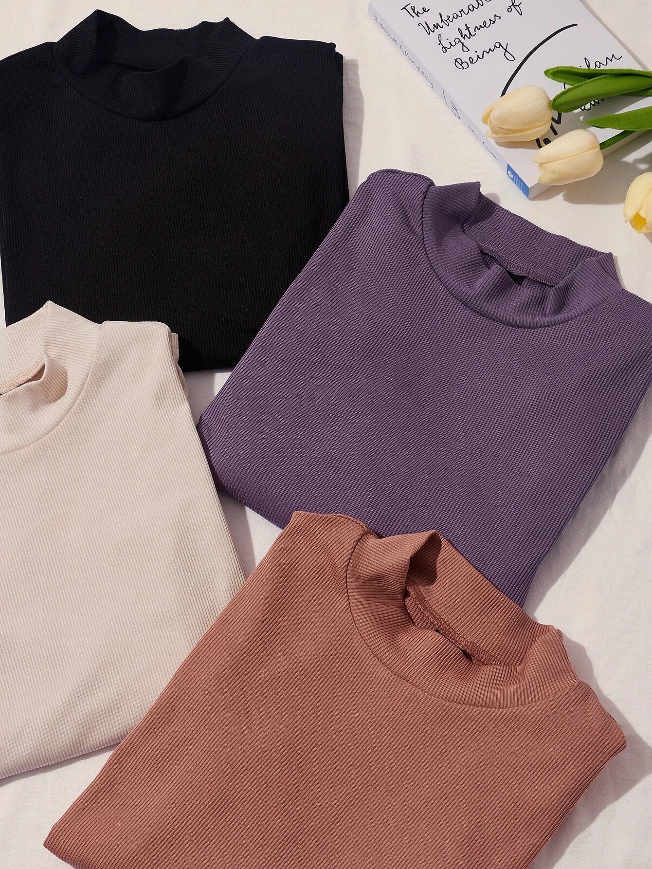 4pcs Ribbed Knit Mock Neck Tee Shein