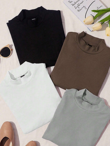 4pcs Ribbed Knit Mock Neck Tee Shein