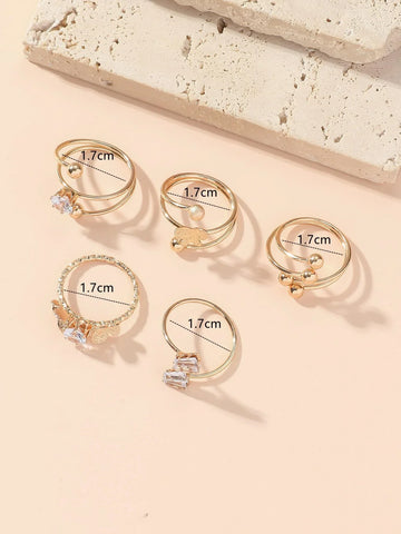 5pcs/set Cubic Zirconia & Butterfly Decor Ring Shein