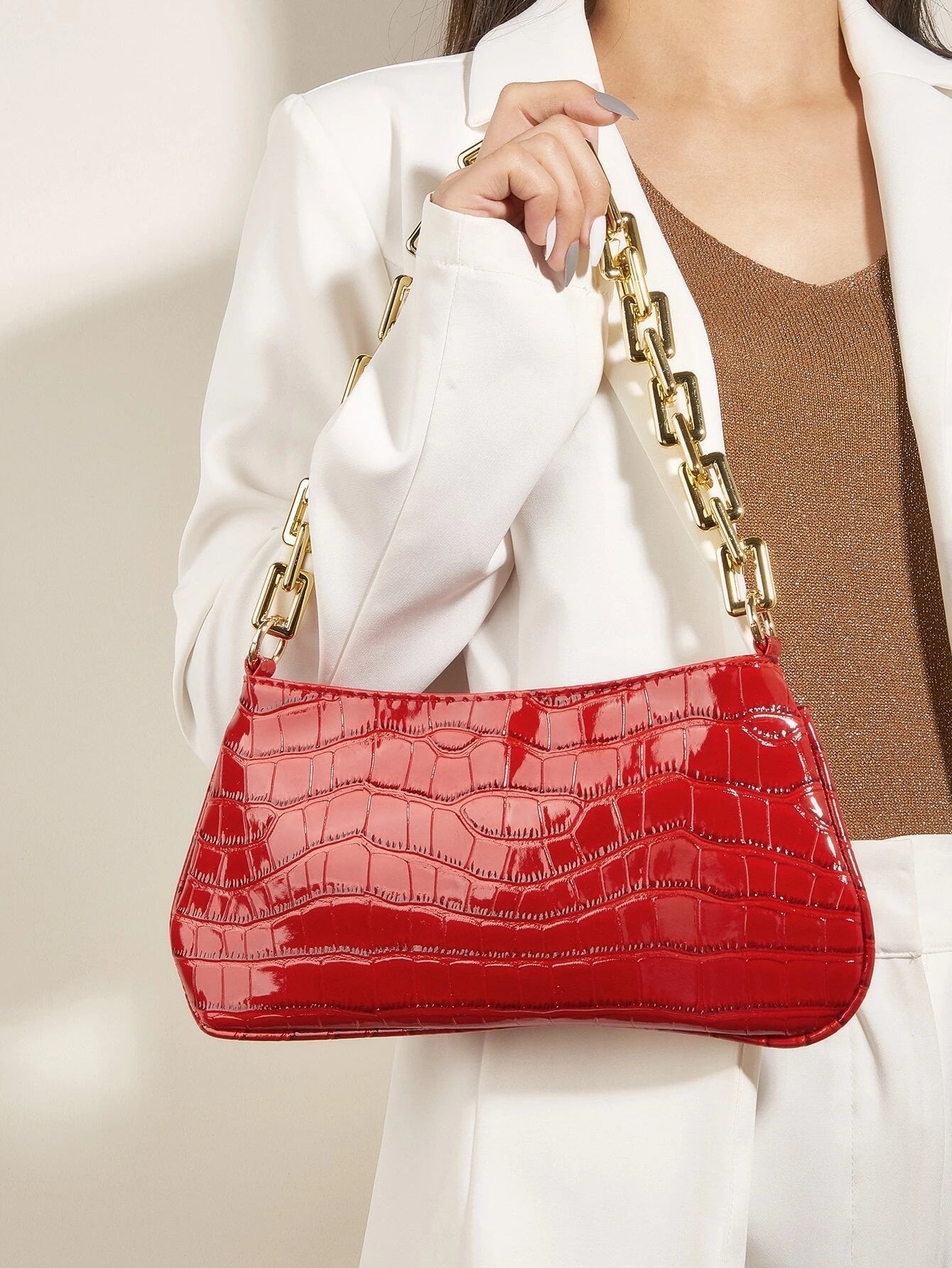 Acrylic Chain Link Crocodile Pattern French Stick Bag Women's Shoulder Bag Shein