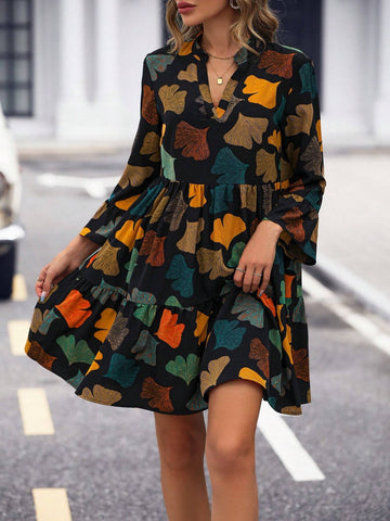 Allover Print Ruffle Hem Smock Dress Shein