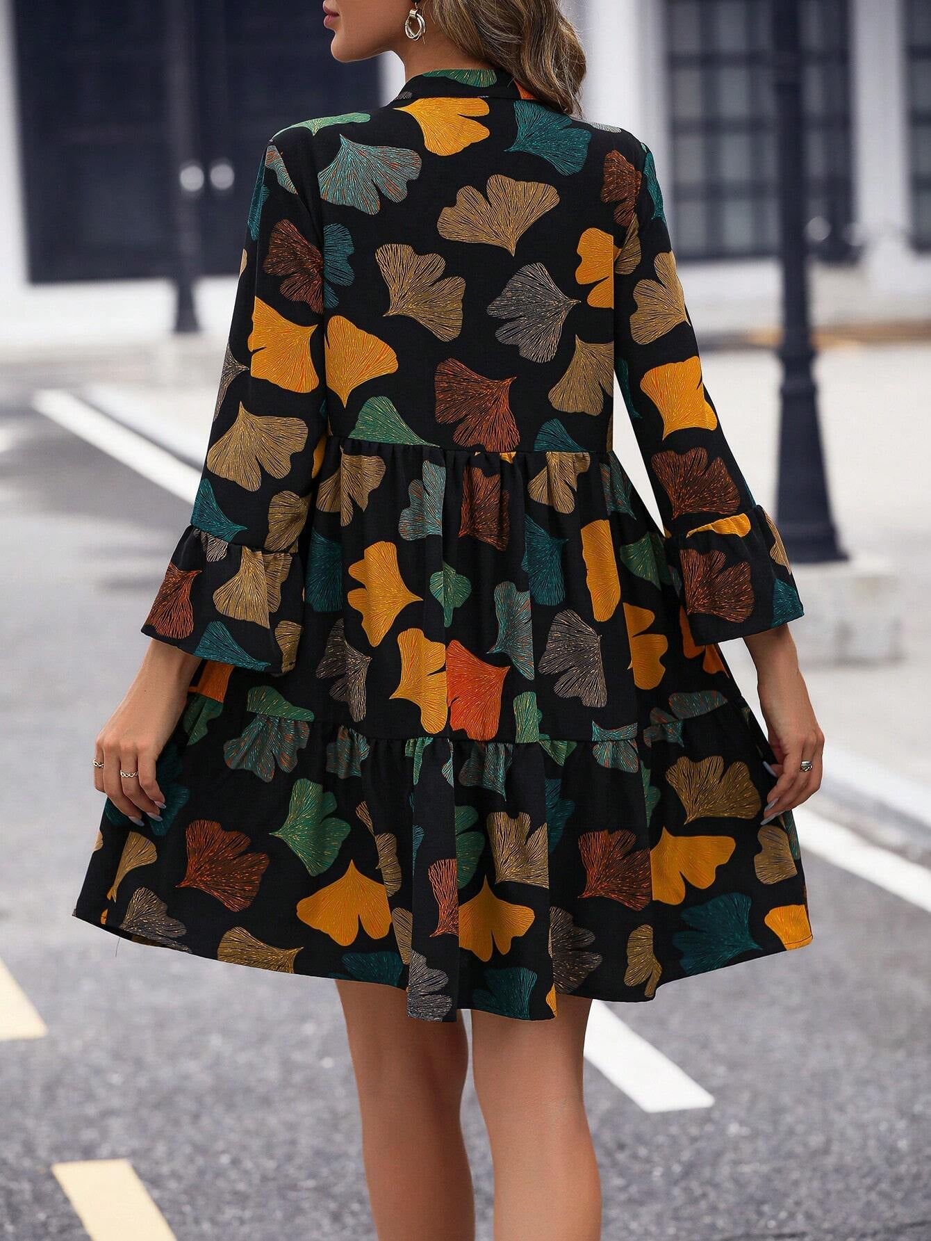 Allover Print Ruffle Hem Smock Dress Shein