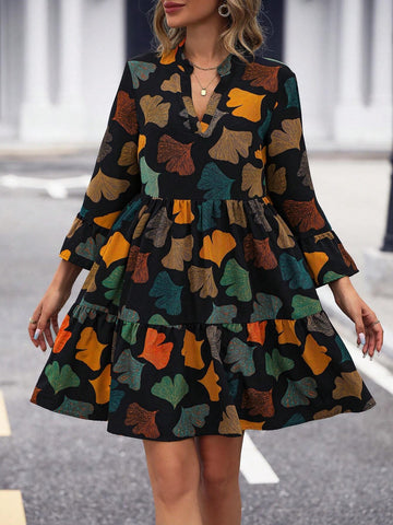 Allover Print Ruffle Hem Smock Dress Shein