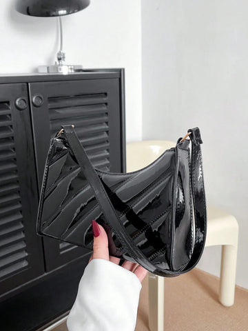 Artificial Patent Leather Chevron Baguette Bag Shein