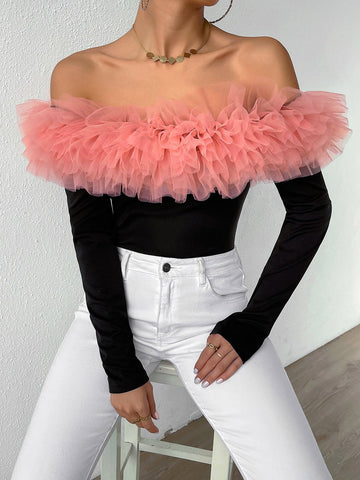 BAE Contrast Mesh Exaggerated Ruffle Off Shoulder Bodysuit Shein