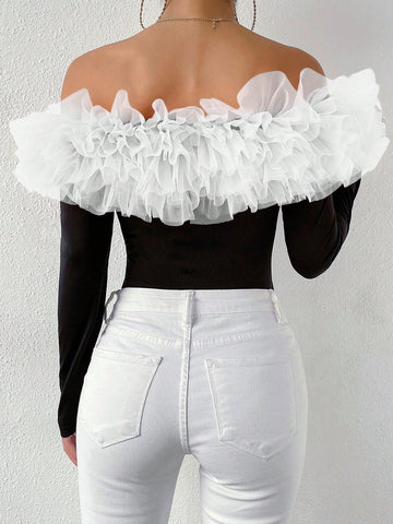 BAE Contrast Mesh Exaggerated Ruffle Off Shoulder Bodysuit Shein