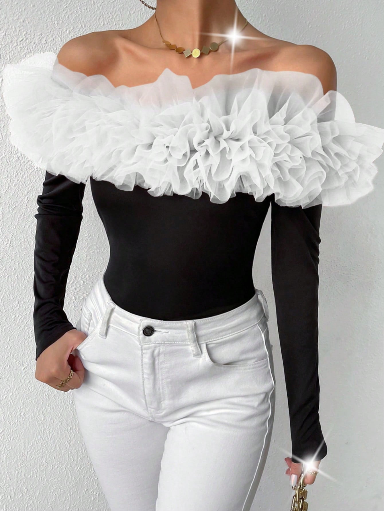 BAE Contrast Mesh Exaggerated Ruffle Off Shoulder Bodysuit Shein