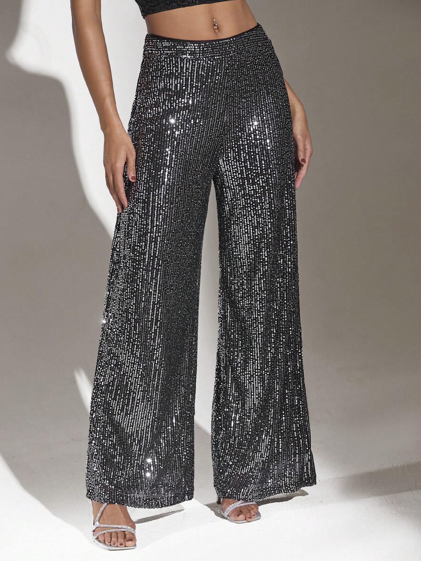 BAE High Waist Sequin Wide Leg Pants Shein