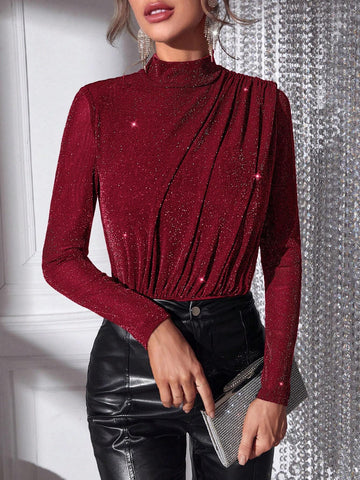 BAE Mock Neck Glitter Top Shein