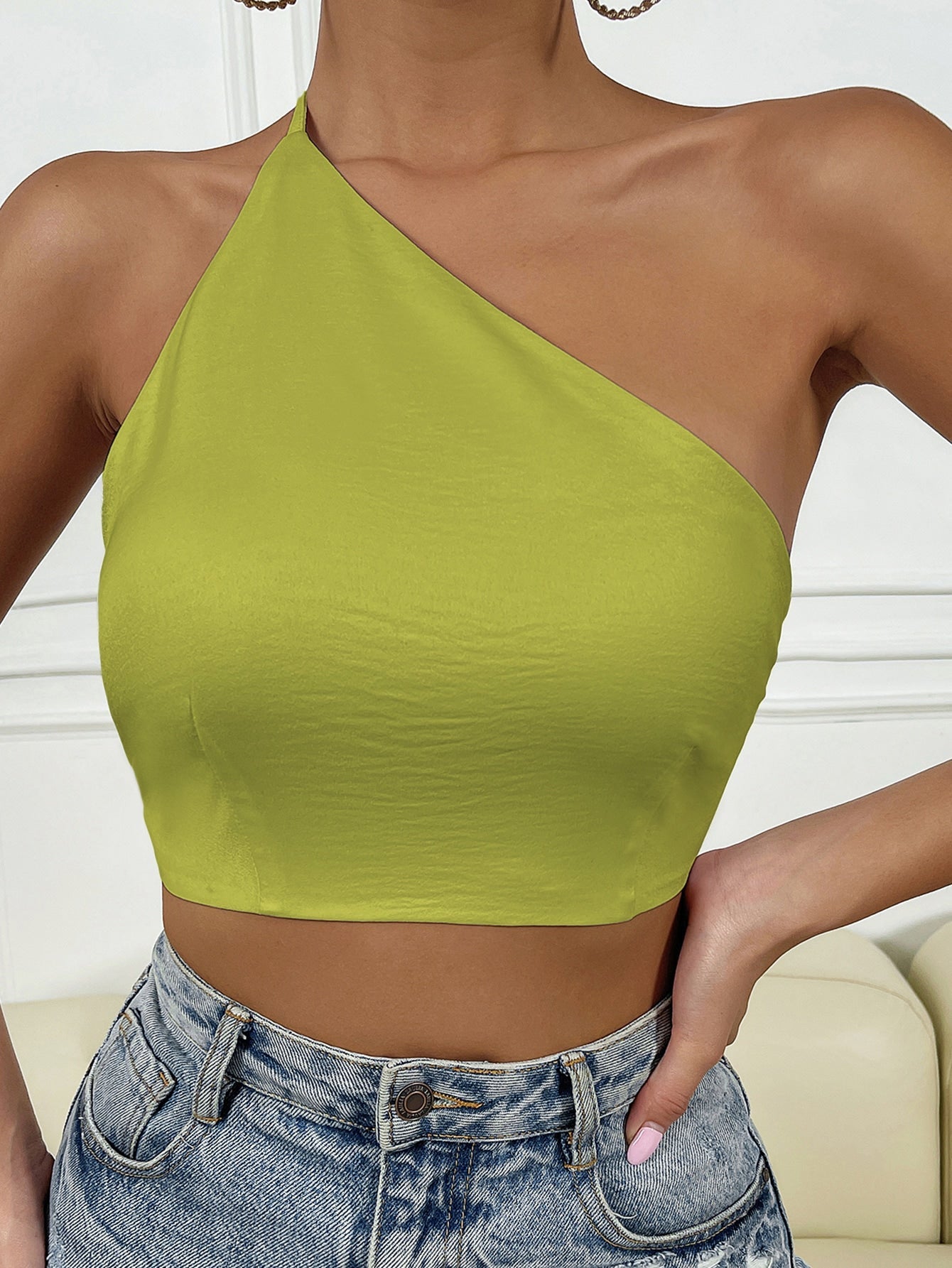 BAE Solid One Shoulder Tie Backless Crop Top Shein