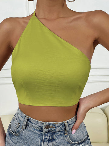 BAE Solid One Shoulder Tie Backless Crop Top Shein