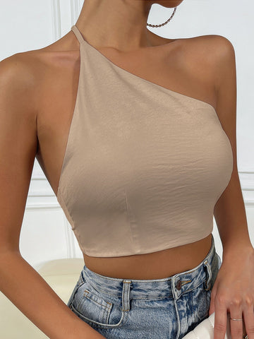 BAE Solid One Shoulder Tie Backless Crop Top Shein