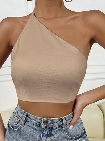 BAE Solid One Shoulder Tie Backless Crop Top Shein