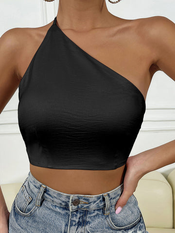 BAE Solid One Shoulder Tie Backless Crop Top Shein