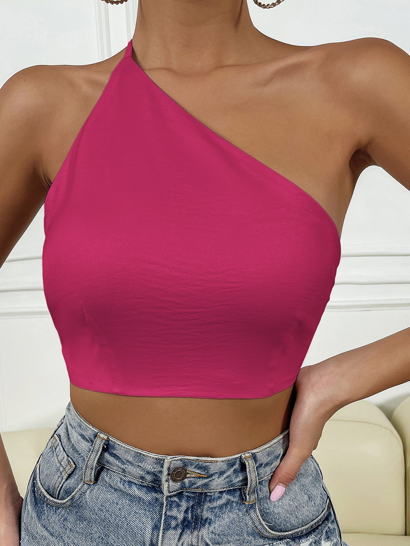 BAE Solid One Shoulder Tie Backless Crop Top Shein