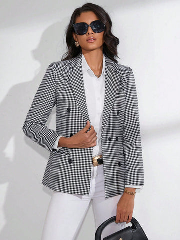 BIZwear Plaid Lapel Collar Double Breasted Blazer Shein