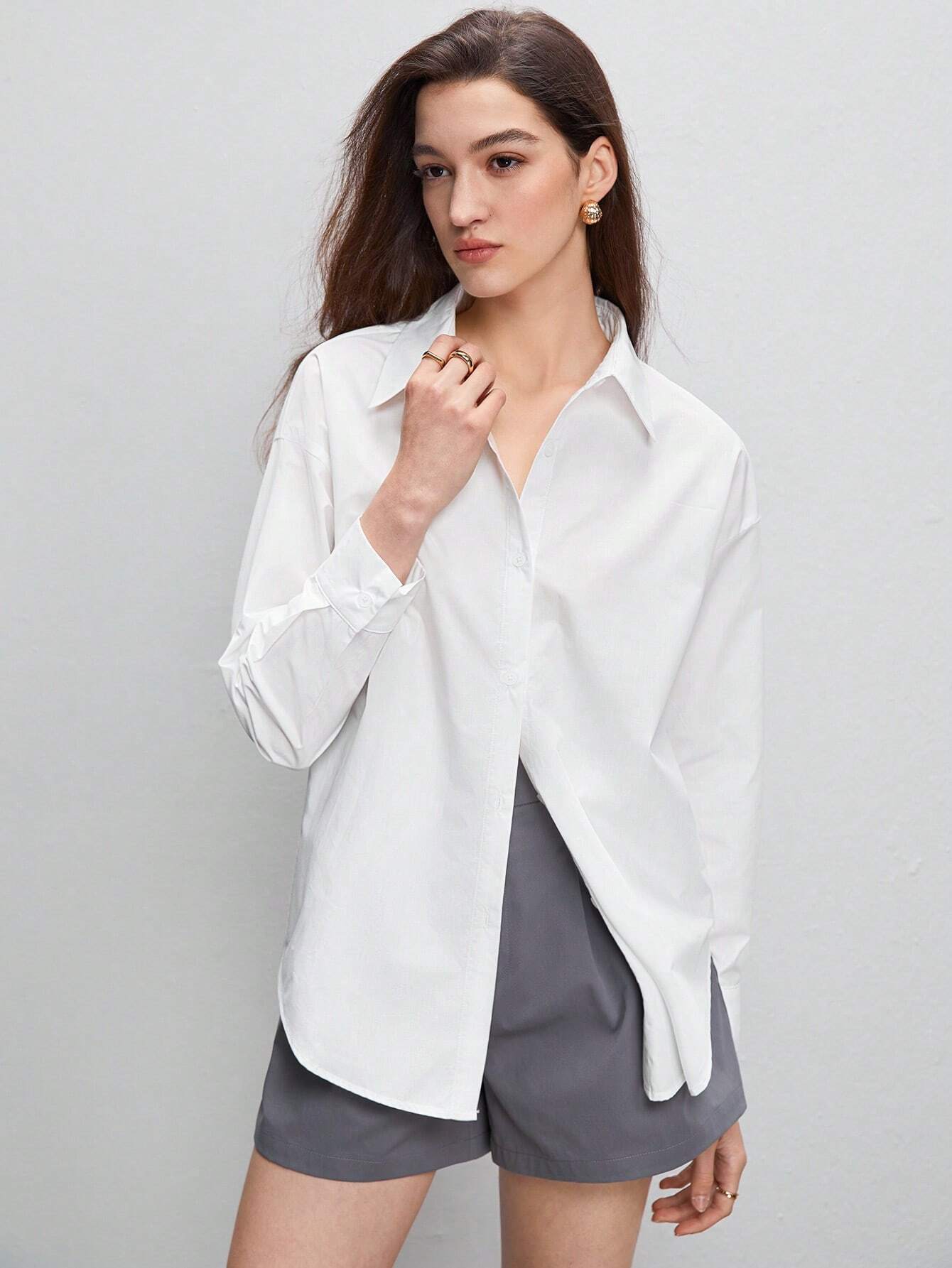 BIZwear Solid Button Front Shirt Shein