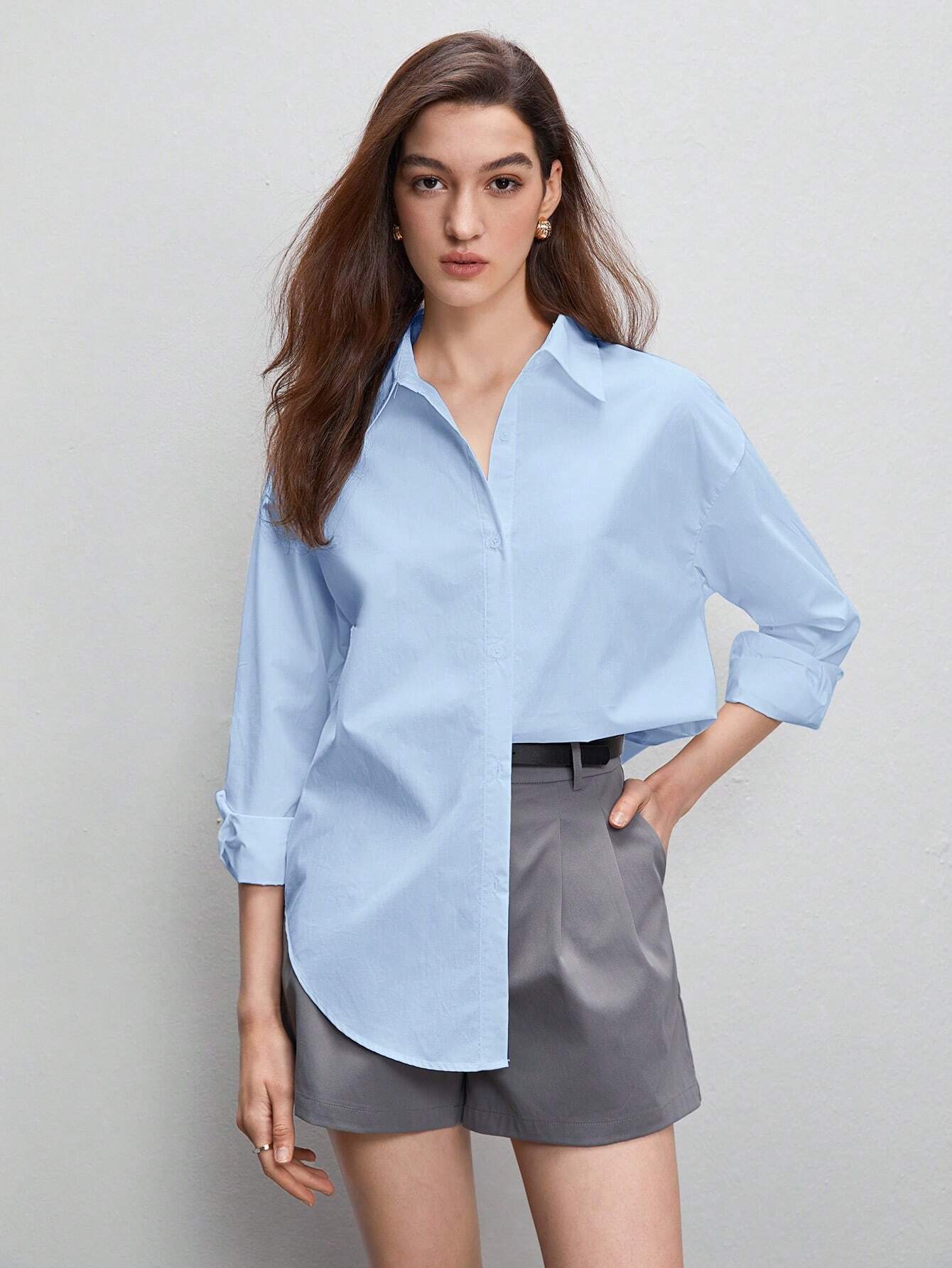 BIZwear Solid Button Front Shirt Shein