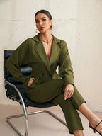 BIZwear Solid Color Suit Collar Long Sleeve Top And Pants Set Shein