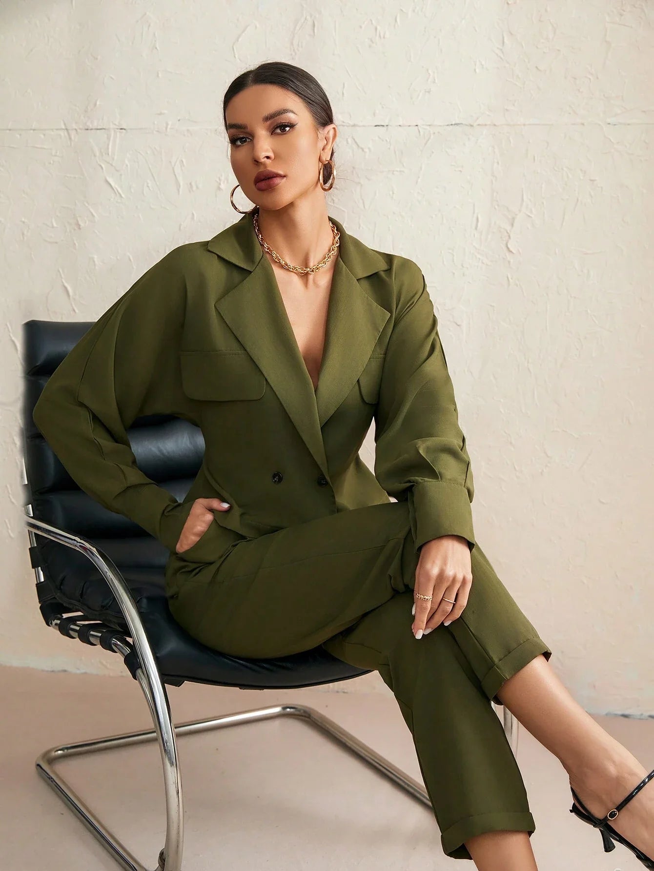 BIZwear Solid Color Suit Collar Long Sleeve Top And Pants Set Shein