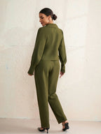 BIZwear Solid Color Suit Collar Long Sleeve Top And Pants Set Shein