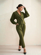 BIZwear Solid Color Suit Collar Long Sleeve Top And Pants Set Shein