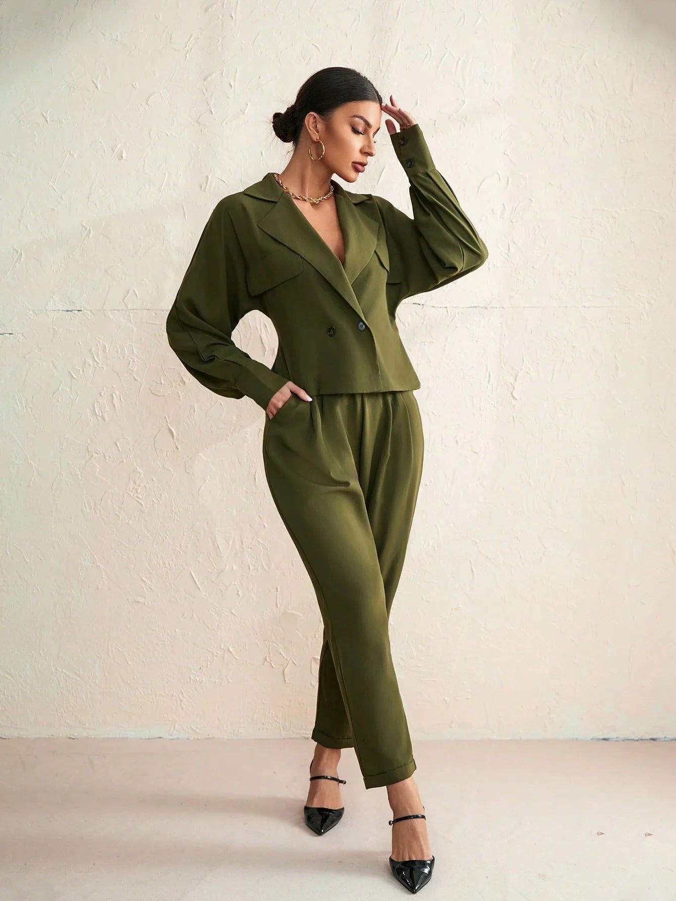 BIZwear Solid Color Suit Collar Long Sleeve Top And Pants Set Shein
