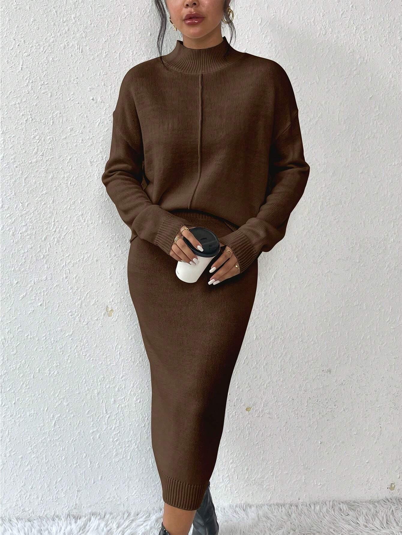 Privé 2pcs/set Simple Casual Stand Collar Drop Shoulder Sleeve Sweater And Skirt Set Shein