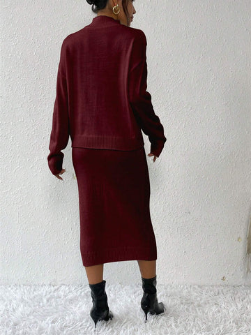 Privé 2pcs/set Simple Casual Stand Collar Drop Shoulder Sleeve Sweater And Skirt Set Shein