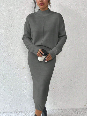 Privé 2pcs/set Simple Casual Stand Collar Drop Shoulder Sleeve Sweater And Skirt Set Shein