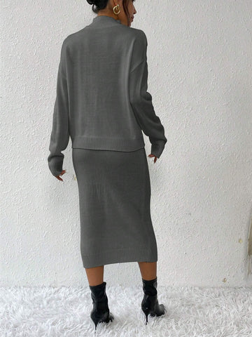 Privé 2pcs/set Simple Casual Stand Collar Drop Shoulder Sleeve Sweater And Skirt Set Shein