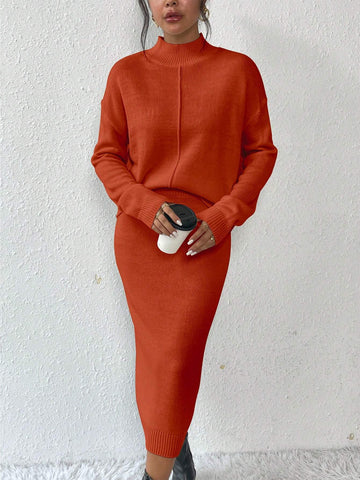 Privé 2pcs/set Simple Casual Stand Collar Drop Shoulder Sleeve Sweater And Skirt Set Shein