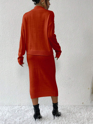 Privé 2pcs/set Simple Casual Stand Collar Drop Shoulder Sleeve Sweater And Skirt Set Shein