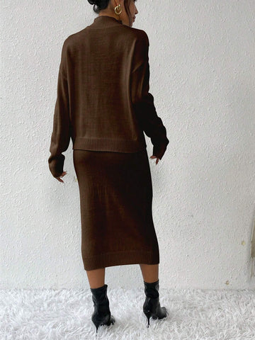 Privé 2pcs/set Simple Casual Stand Collar Drop Shoulder Sleeve Sweater And Skirt Set Shein