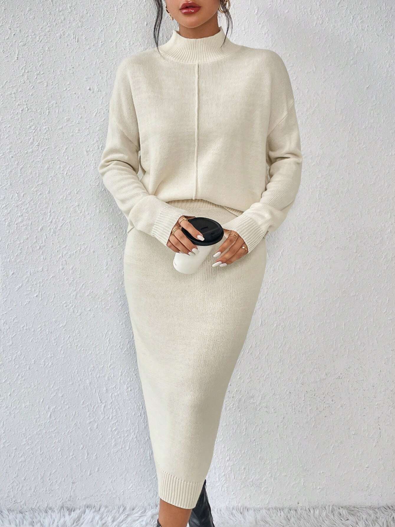 Privé 2pcs/set Simple Casual Stand Collar Drop Shoulder Sleeve Sweater And Skirt Set Shein