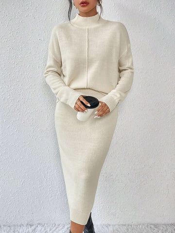 Privé 2pcs/set Simple Casual Stand Collar Drop Shoulder Sleeve Sweater And Skirt Set Shein