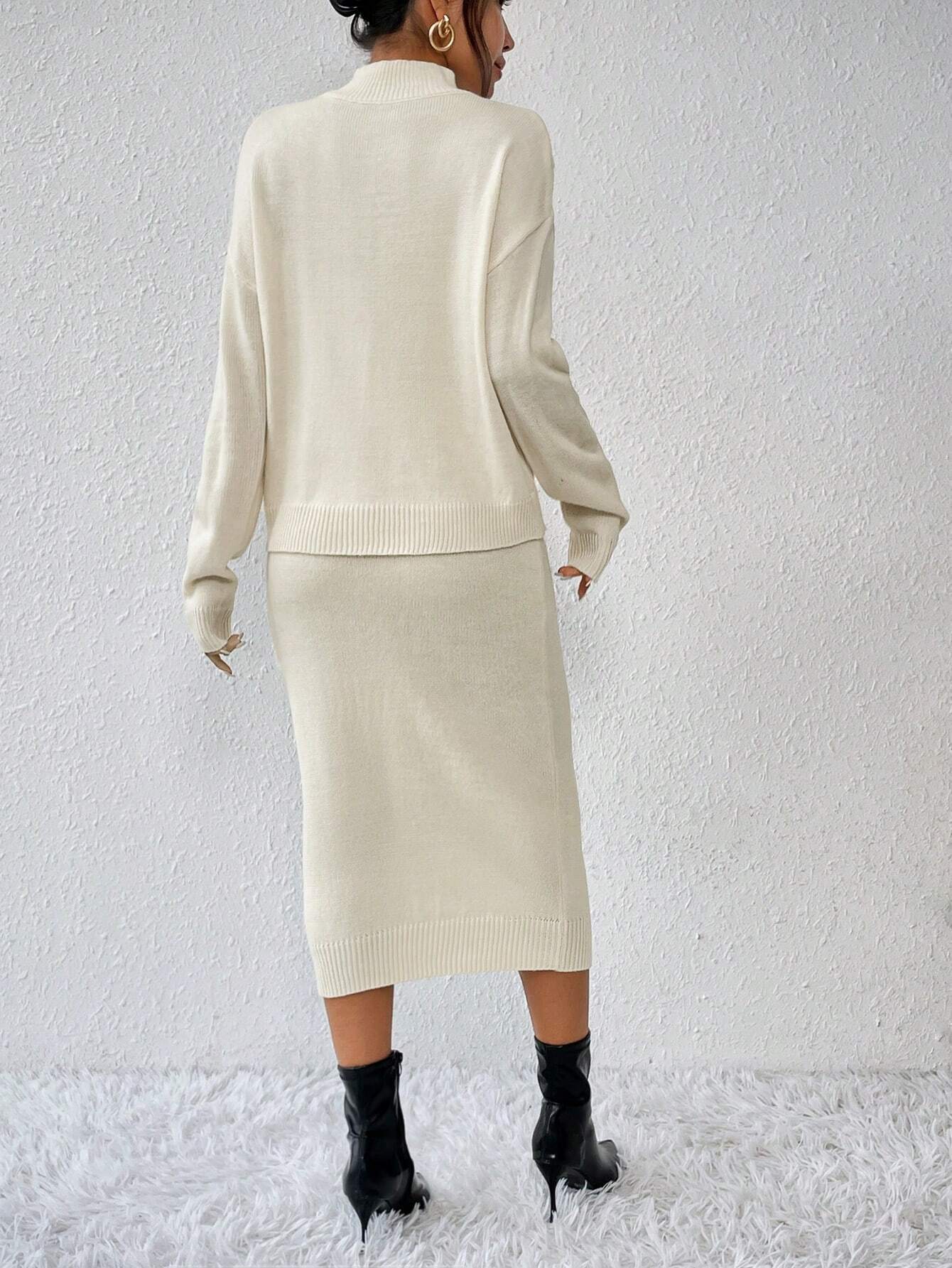 Privé 2pcs/set Simple Casual Stand Collar Drop Shoulder Sleeve Sweater And Skirt Set Shein