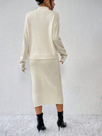 Privé 2pcs/set Simple Casual Stand Collar Drop Shoulder Sleeve Sweater And Skirt Set Shein