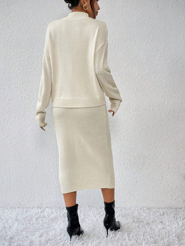 Privé 2pcs/set Simple Casual Stand Collar Drop Shoulder Sleeve Sweater And Skirt Set Shein