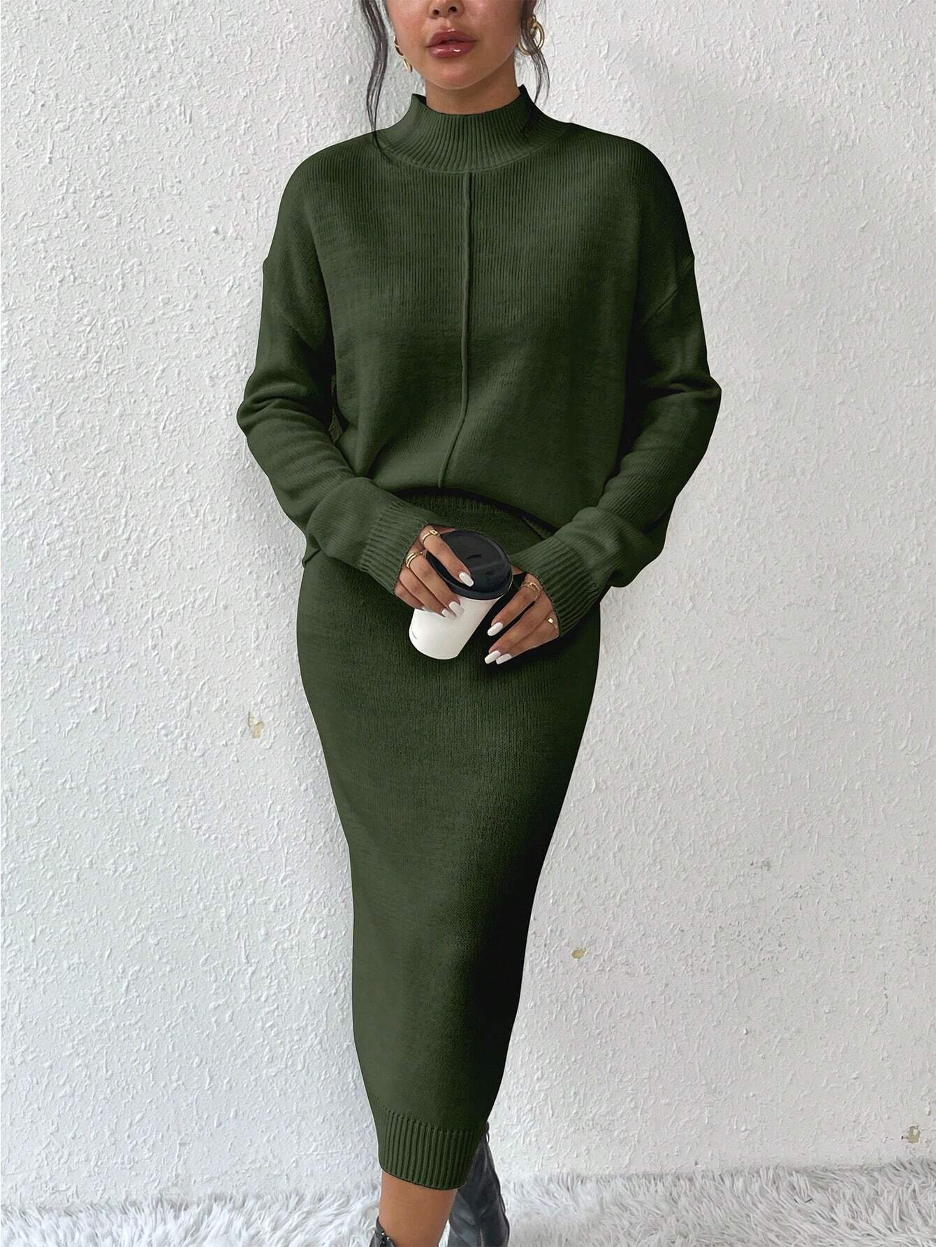 Privé 2pcs/set Simple Casual Stand Collar Drop Shoulder Sleeve Sweater And Skirt Set Shein