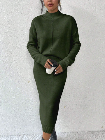 Privé 2pcs/set Simple Casual Stand Collar Drop Shoulder Sleeve Sweater And Skirt Set Shein