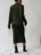 Privé 2pcs/set Simple Casual Stand Collar Drop Shoulder Sleeve Sweater And Skirt Set Shein