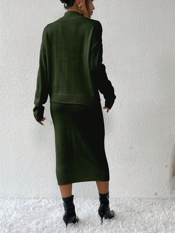 Privé 2pcs/set Simple Casual Stand Collar Drop Shoulder Sleeve Sweater And Skirt Set Shein