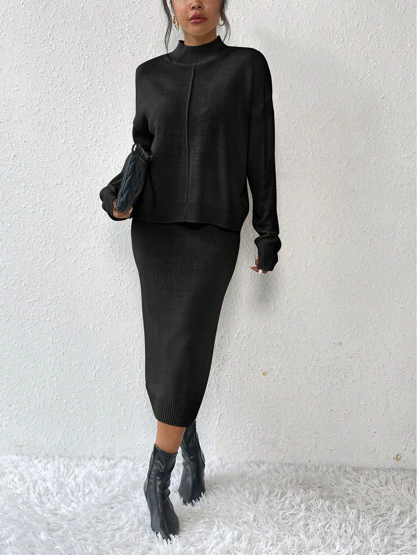 Privé 2pcs/set Simple Casual Stand Collar Drop Shoulder Sleeve Sweater And Skirt Set Shein