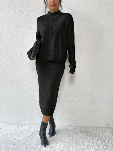 Privé 2pcs/set Simple Casual Stand Collar Drop Shoulder Sleeve Sweater And Skirt Set Shein